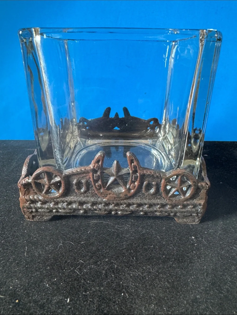 Rustic Brown Cast Iron & Clear Glass Western Candle Holder - Unbranded